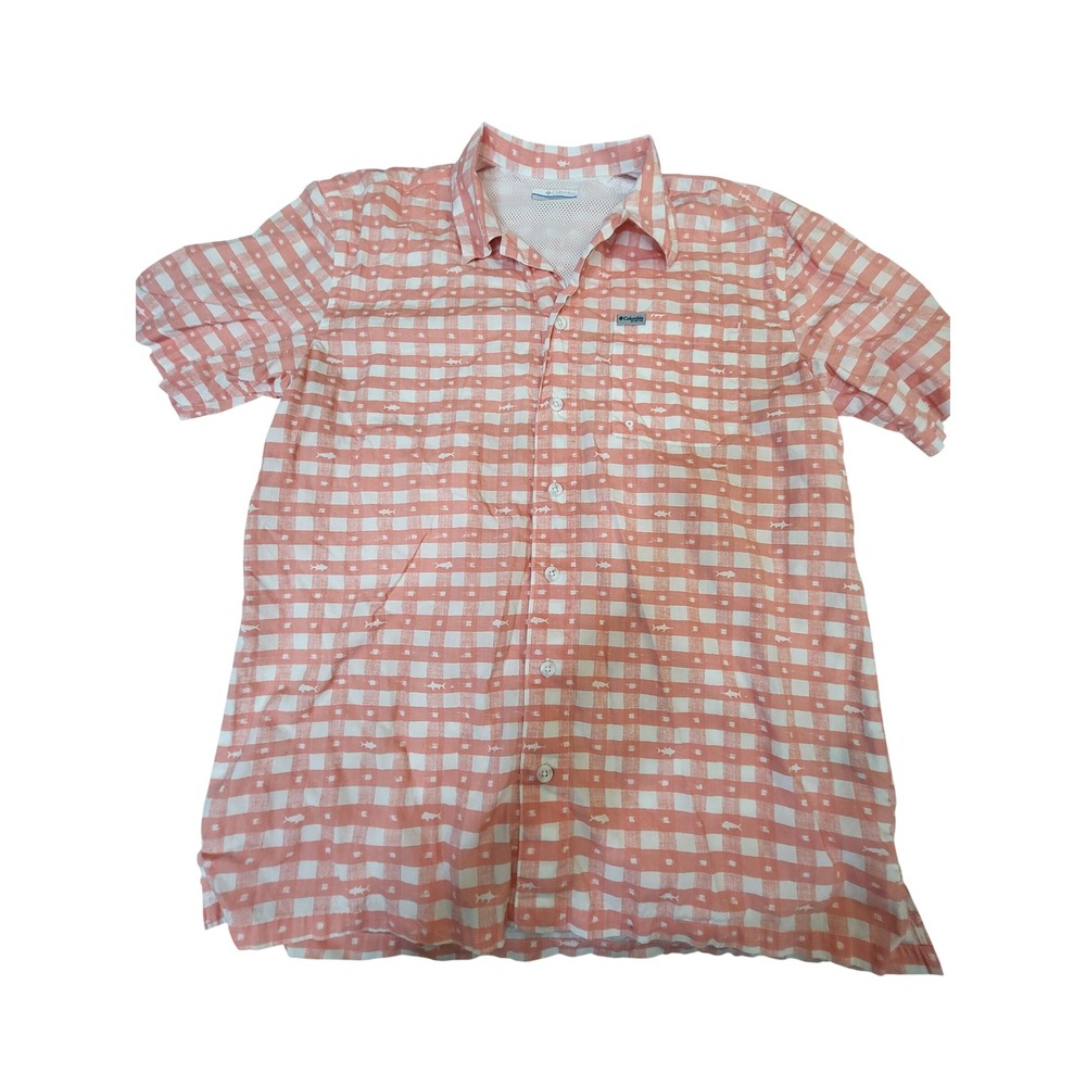 Columbia PFG Mens Small Peach White Gingham Fish Print Short Sleeve Shirt FM7011